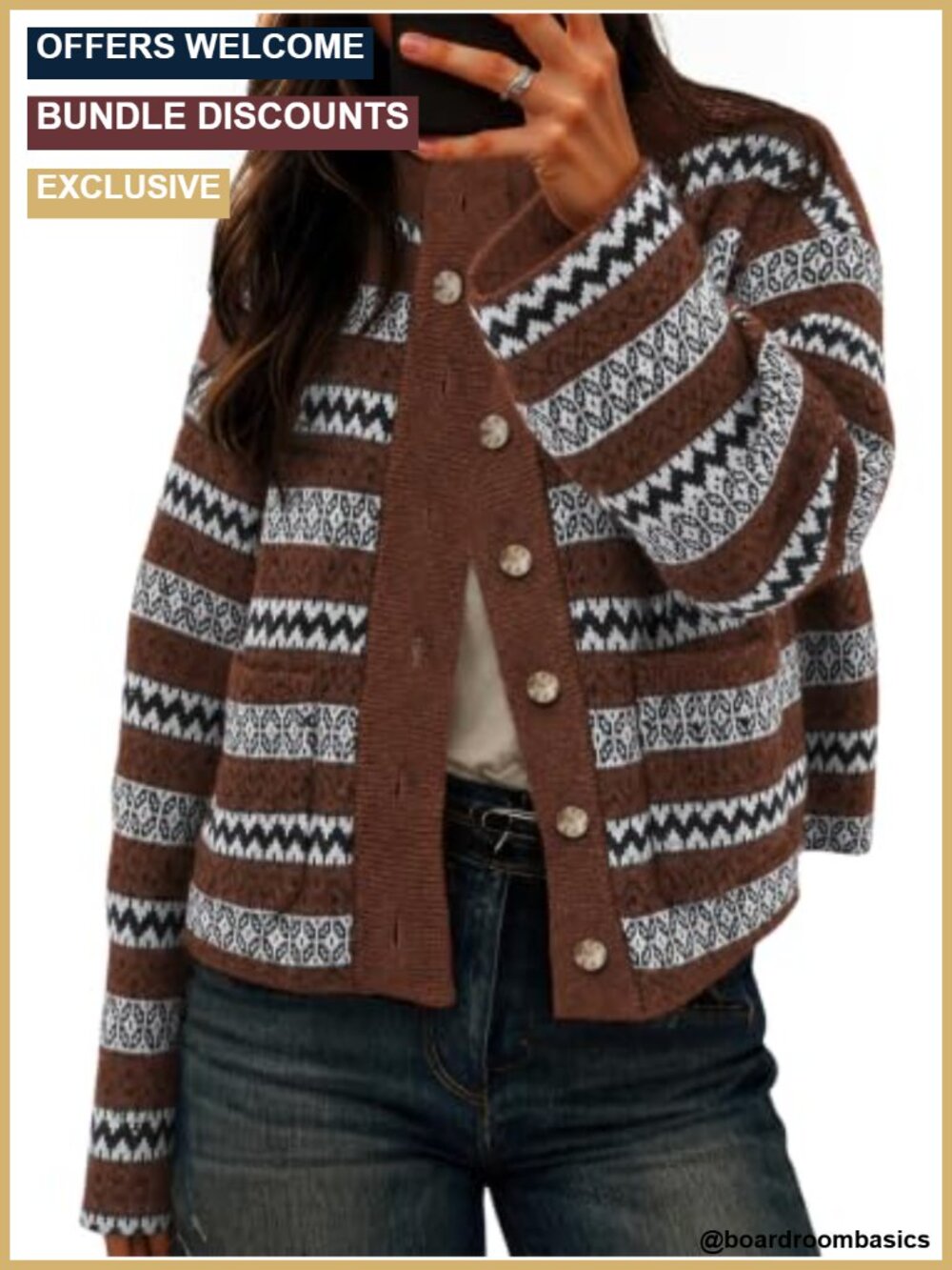 Fair Isle Cardigan Long Sleeve Mock Neck Button Down Knit Sweater